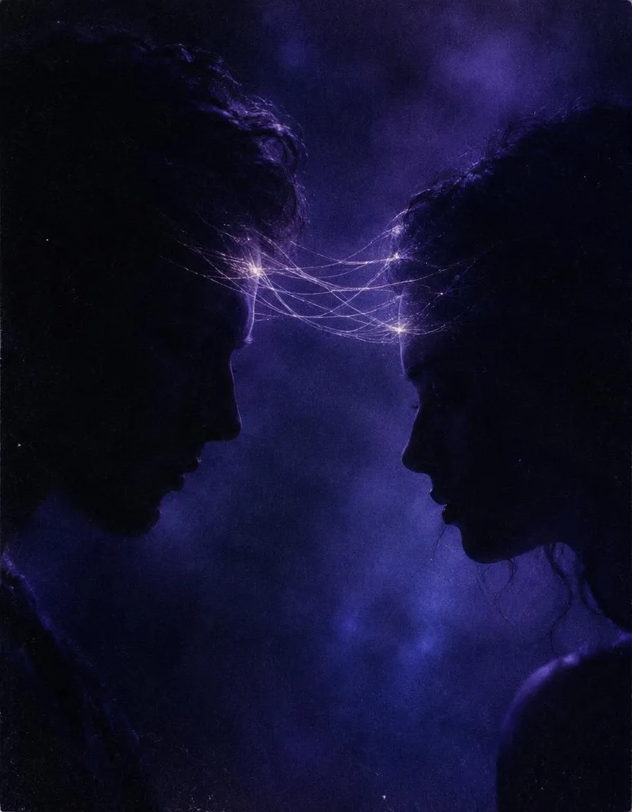 Two silhouetted faces connected by threads of violet light